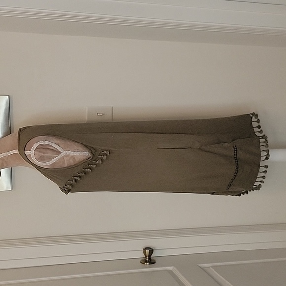 New Directions Army Green Boho Dress with Tassles, Size M - Picture 3 of 7